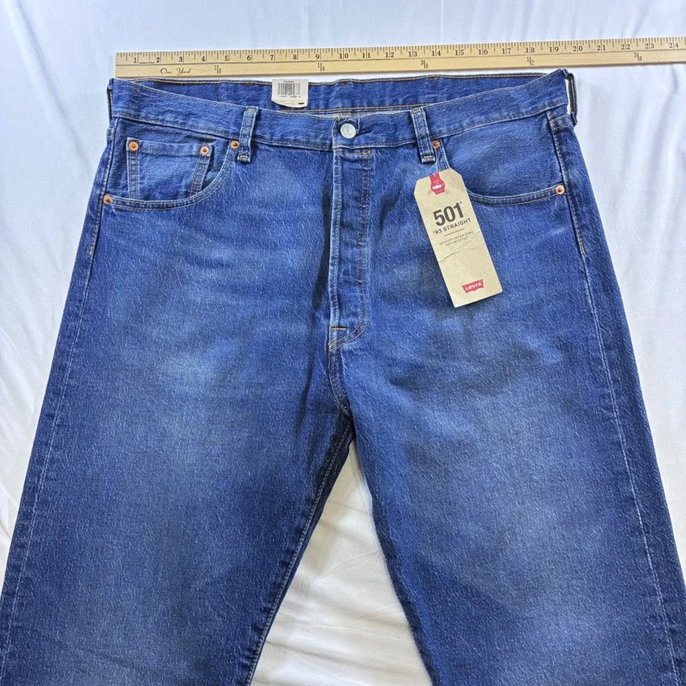 Levis 501 93 Straight Jeans Mens 38x32 Blue Stretch Denim Button Fly New